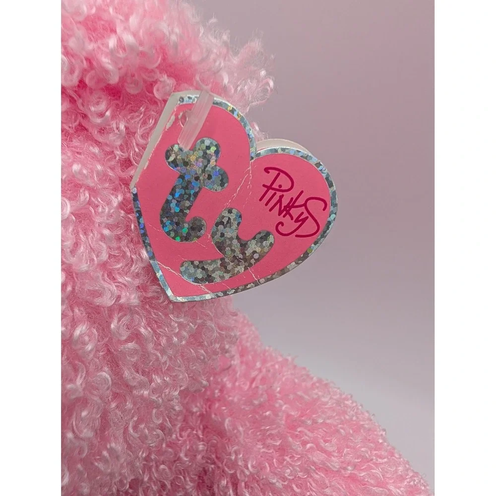 Ty Pinkys Shimmers Plush Bear‎ Pink Curly Fur Satin Bow 2004 16 Inch Stuffed